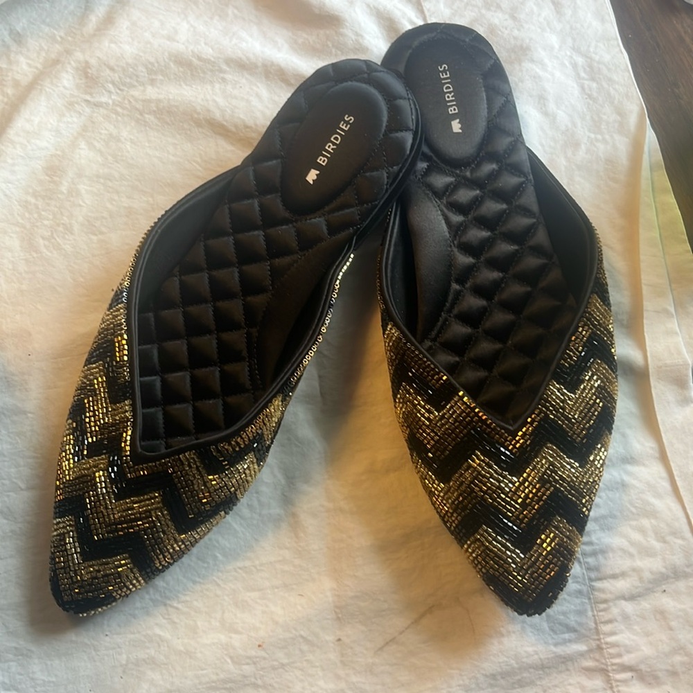 Birdies 9 Swan Mule Chevron Beaded Slides $165 only worn one time have box